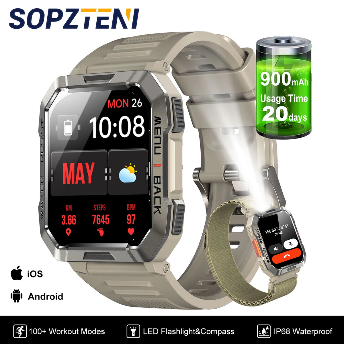 Sopzteni Waterproof Smartwatch With Emergency Light And Bluetooth