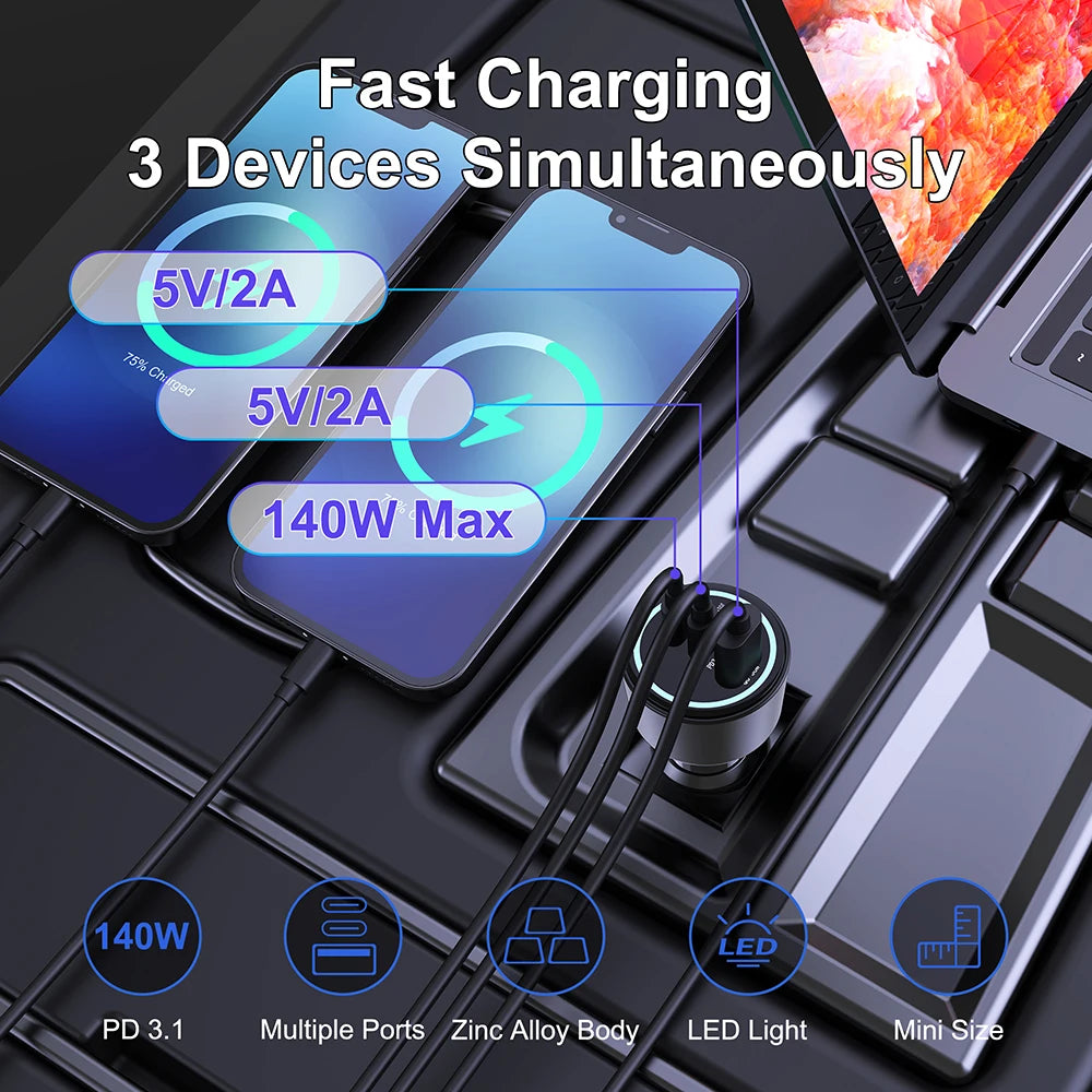 Ubigbuy Dual Usb C Car Charger 140W PD3.1 Fast Charging