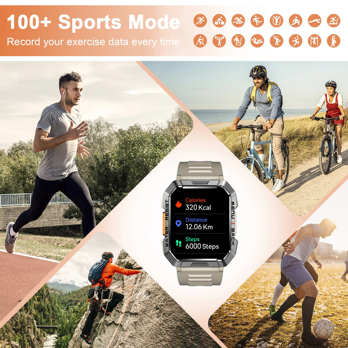 Sopzteni Waterproof Smartwatch With Emergency Light And Bluetooth